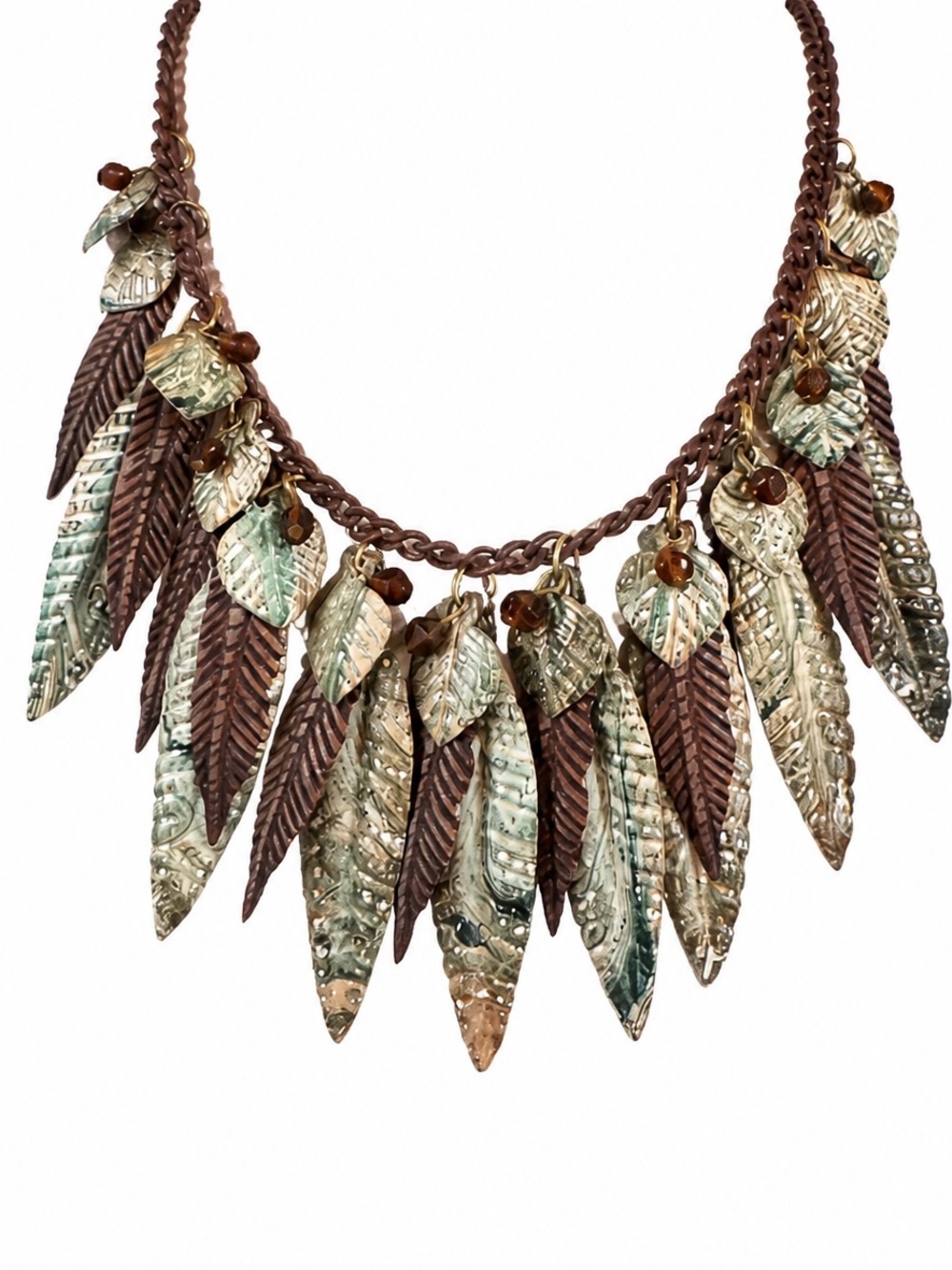 Vintage Boho Leaf Statement Necklace in Brown and Green